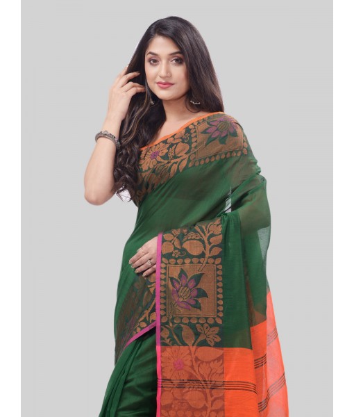 DESH BIDESH Women`s Tant Cotton Silk Handloom Cotton Saree Pushpomala With Blouse Piece(Green Orange)